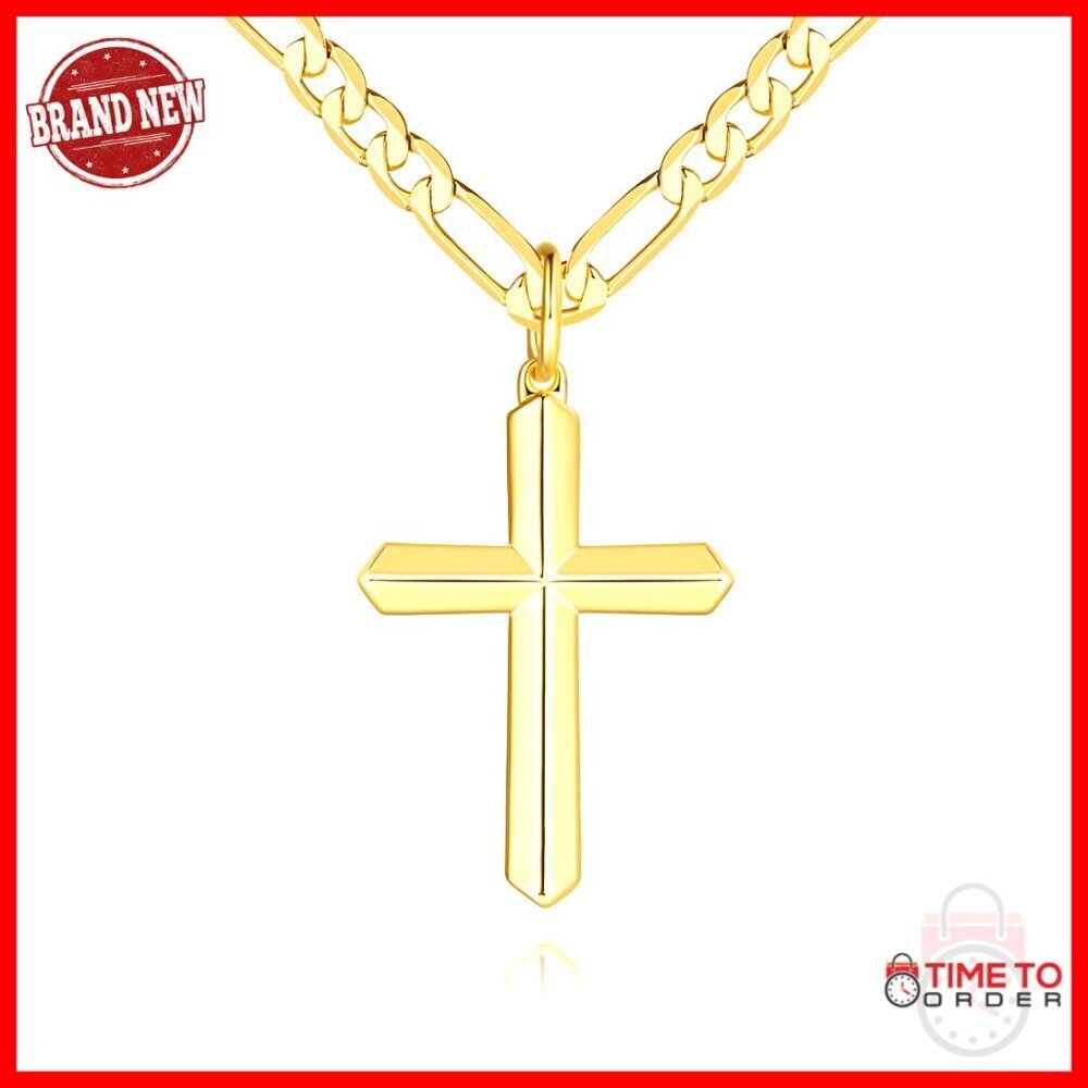 14K Gold Plated Cross Necklace for Men, Geometric Facets, 20-24in Chain
